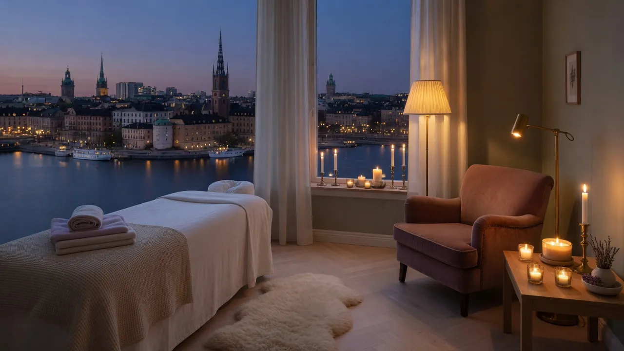 Erotic massage Stockholm: a candlelit massage room with a rose velvet armchair and a sheepskin, the window looking over the water to Gamla stan at dusk